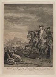 J.R.V. William (1721-65) vévoda z Cumberlandu s pohledem na poraženou armádu u Cullodenu, 1746, vydal B. Baron, 1747