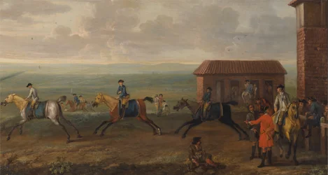 Lord Portmore sleduje závodní koně při cvičení na Newmarket Heath