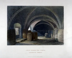 Krypta plná sudů pod kaplí v Lambeth Palace, Londýn, 1851.