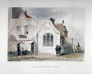 Pohled na kapli svatého Bartoloměje, Kingsland Road, Hackney, Londýn, 1851