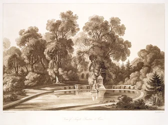 Pohled na chrámovou fontánu a jeskyni, Sezincote, vyrytý Frederickem Christianem Lewisem Snr. (1779-1856), kolem 1817-18 (sépiová akvatinta) (viz také 171663)