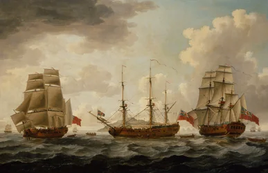 H.M.S. Tyrall na třech pozicích u Antiguy