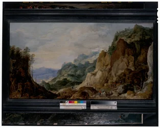 Panoramatická hornatá krajina s tovaryši rozdávajícími chudým, sourozenci za nimi