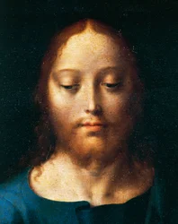 Kristova tvář, Poslední večeře, detail oltáře uložení, detail z kostela Menších bratří v Janově, Itálie. c.1520