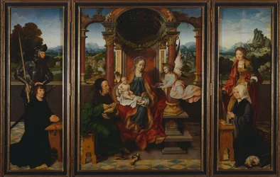 Svatá rodina, asi 1530, od Joose Van Cleve (1485-1540), triptych. Belgie
