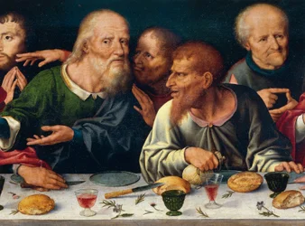Poslední večeře, Jidáš a ostatní apoštolové, Joos van Cleve (asi 1485-1540), oltářní obraz z kostela Frati Minori v Janově v Itálii