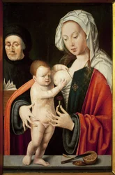 Panna, dítě a dárce. Obraz od Joose Van Cleve (1485-1540), olej na dřevě. Vlámské umění 16. století. Musee Grobet Labadie, Marseille.