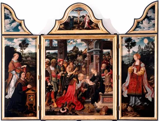 Triptych Klanění tří králů. Malba na dřevě od Joose van Cleve mladšího (1485-1540), 1515. Rozměry 260x200 cm. Janov, kostel San Donato