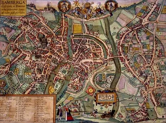 Mapa Bamberka, z „Civitates Orbis Terrarum“ od Georga Brauna (1541-1622) a Franse Hogenberga (1535-90) kolem 1572-1617 (barevná rytina)