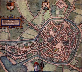 Mapa Bergen op Zoom, z „Civitates Orbis Terrarum“ od Georga Brauna (1541-1622) a Franse Hogenberga (1535-90) kolem 1572-1617 (barevná rytina)