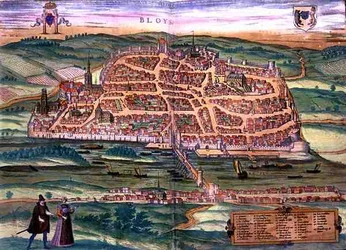 Mapa Blois, z „Civitates Orbis Terrarum“ od Georga Brauna (1541-1622) a Franse Hogenberga (1535-90), kolem 1572 (barevná rytina)