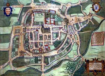 Mapa Brače, z „Civitates Orbis Terrarum“ od Georga Brauna (1541-1622) a Franse Hogenberga (1535-90), kolem roku 1572 (barevná rytina)