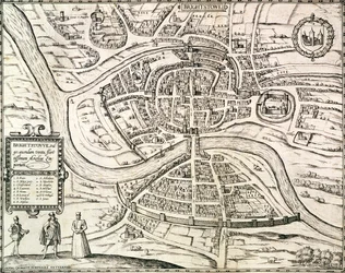 Mapa Bristolu z „Civitates Orbis Terrarum“ od Georga Brauna (1541-1622) a Franse Hogenberga (1535-90) 1581 (rytina)