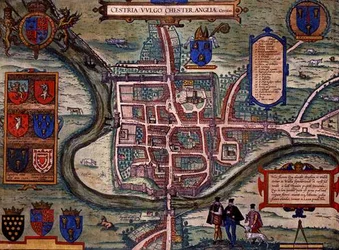Mapa Chesteru z knihy "Civitates Orbis Terrarum" od Georga Brauna (1541-1622) a Franse Hogenberga (1535-90), asi 1572-1617 (kolorovaná rytina)