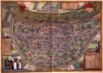 Mapa Duisburgu, z „Civitates Orbis Terrarum“ od Georga Brauna (1541-1622) a Franse Hogenberga (1535-90), kolem 1572 (barevná rytina)