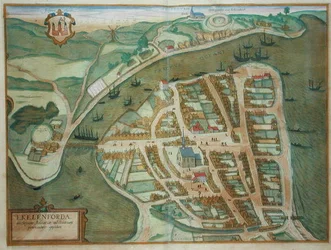 Mapa Ekelenforde, z „Civitates Orbis Terrarum“ od Georga Brauna (1541-1622) a Franse Hogenburga (1535-90), kolem 1572 (barevná rytina)