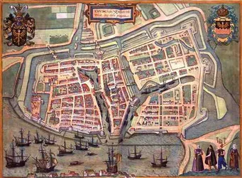 Mapa Embdenu z „Civitates Orbis Terrarum“ od Georga Brauna (1541-1622) a Franse Hogenburga (1535-90), kolem roku 1572 (barevná rytina)