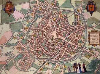 Mapa Mechelen, z „Civitates Orbis Terrarum“ od Georga Brauna (1541-1622) a Franse Hogenberga (1535-90) kolem 1572-1617 (barevná rytina)
