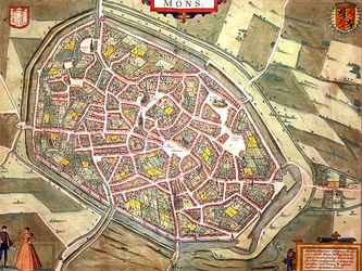 Mapa Mons, z „Civitates Orbis Terrarum“ od Georga Brauna (1541-1622) a Franse Hogenberga (1535-90) kolem 1572-1617 (barevná rytina)