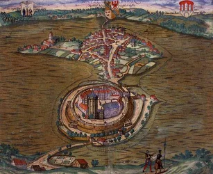 Mapa Ratzeburgu, z „Civitates Orbis Terrarum“ od Georga Brauna (1541-1622) a Franse Hogenberga (1535-90) 1588 (barevná rytina)