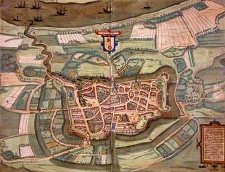 Mapa Stade, z „Civitates Orbis Terrarum“ od Georga Brauna (1541-1622) a Franse Hogenberga (1535-90) kolem 1572-1617 (barevná rytina)