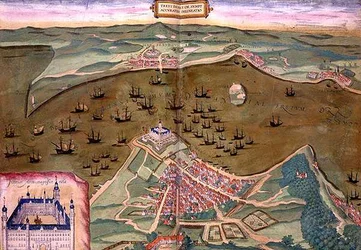 Mapa Sundu z „Civitates Orbis Terrarum“ od Georga Brauna (1541-1622) a Franse Hogenberga (1535-90) kolem 1572-1617 (barevná rytina)