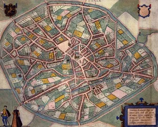 Mapa Tienen, z „Civitates Orbis Terrarum“ od Georga Brauna (1541-1622) a Franse Hogenberga (1535-90) kolem 1572-1617 (barevná rytina)