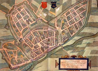 Mapa Wesel, z „Civitates Orbis Terrarum“ od Georga Brauna (1541-1622) a Franse Hogenberga (1535-90) kolem 1572-1617 (barevná rytina)