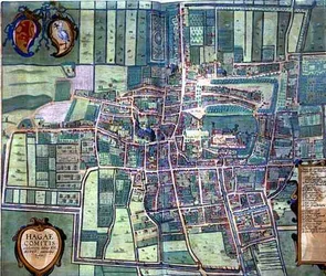 Mapa Haagu z „Civitates Orbis Terrarum“ od Georga Brauna (1541-1622) a Franse Hogenburga (1535-90), kolem roku 1572 (barevná rytina)