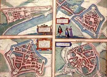 Mapy Charlemont, Landrechies, Avesnes a Beaumont, z „Civitates Orbis Terrarum“ od Georga Brauna (1541-1622) a Franse Hogenberga (1535-90) kolem 1572-1617 (barevná rytina)