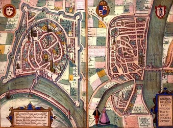 Mapy Grenoblu a Romans-sur-Isere, z „Civitates Orbis Terrarum“ od Georga Brauna (1541-1622) a Franse Hogenberga (1535-90) kolem 1572-1617 (barevná rytina)