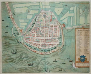 Plán Enchunsenu z knihy "Civitates Orbis Terrarum" od Georga Brauna (1541-1622) a Franse Hogenburga (1535-90), asi 1572 (kolorovaná rytina)
