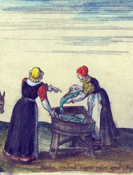 Rybářky prodávají a vykuchávají štiky, 1598, ručně kolorovaná mědirytina, detail 324184