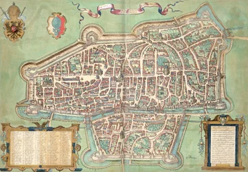 Mapa Augsburgu, z „Civitates Orbis Terrarum“ od Georga Brauna (1541-1622) a Franse Hogenberga (1535-90), kolem 1572