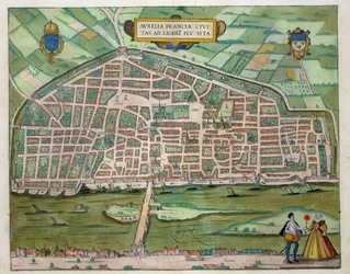 Mapa Aurelie, z „Civitates Orbis Terrarum“ od Georga Brauna (1541-1622) a Franse Hogenberga (1535-90) kolem 1572-1617