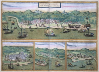 Mapa Kalikatu, z „Civitates Orbis Terrarum“ od Georga Brauna (1541-1622) a Franse Hogenberga (1535-90), kolem roku 1572