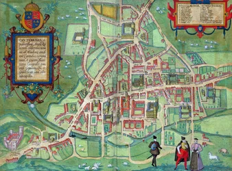 Mapa Cambridge, z „Civitates Orbis Terrarum“ od Georga Brauna (1541-1622) a Franse Hogenberga (1535-90), kolem 1572