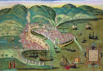Mapa Chiosu, z „Civitates Orbis Terrarum“ od Georga Brauna (1541-1622) a Franse Hogenberga (1535-90) kolem 1572-1617