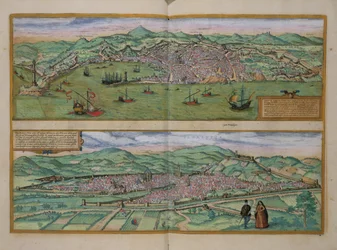 Mapa Janova a Florencie, z „Civitates Orbis Terrarum“ od Georga Brauna (1541-1622) a Franse Hogenberga (1535-90), kolem 1572