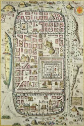 Mapa Jeruzaléma a okolí, z „Civitates Orbis Terrarum“ od Georga Brauna (1541-1622) a Franse Hogenberga (1535-90) kolem 1572-1617 (viz 138905-96)