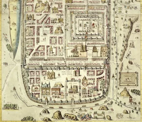 Mapa Jeruzaléma a okolí, z „Civitates Orbis Terrarum“ od Georga Brauma (1541-1622) a Franse Hogenberga (1535-90) kolem 1572-1617 (viz 138905)