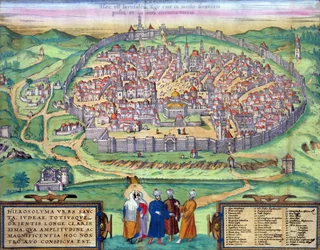 Mapa Jeruzaléma z «Civitates Orbis Terrarum» od Georga Brauna (1541-1622) a Franse Hogenberga (1535-90), kolem roku 1572