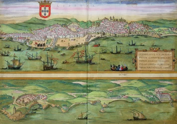 Mapa Lisabonu a Cascais z díla „Civitates Orbis Terrarum“ od Georga Brauna (1541-1622) a Franse Hogenberga (1535-90), asi 1572