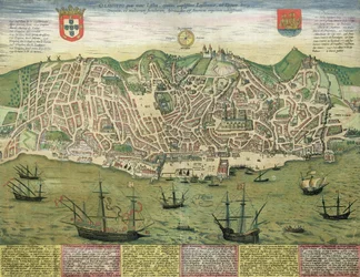 Mapa Lisabonu, z „Civitates Orbis Terrarum“ od Georga Brauna (1541-1622) a Franse Hogenberga (1535-90), kolem 1572