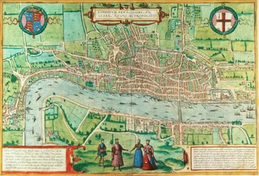 Mapa Londýna, z „Civitates Orbis Terrarum“, od Georga Brauna (1542-1622) a Franse Hogenburga (1635-90), kolem 1572 (viz také 51896 a 66112)