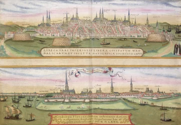 Mapa Lübecku a Hamburku, z díla „Civitates Orbis Terrarum“ od Georga Brauna (1541-1622) a Franse Hogenberga (1535-90), asi 1572