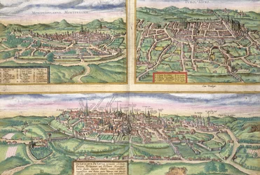 Mapa Montpellier, Tours a Poitiers, z „Civitates Orbis Terrarum“ od Georga Brauna (1541-1622) a Franse Hogenberga (1535-90), kolem 1572