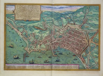 Mapa Neapole z «Civitates Orbis Terrarum» od Georga Brauna (1541-1622) a Franse Hogenberga (1535-90), kolem roku 1572