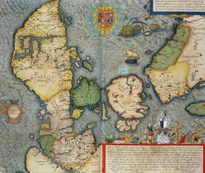 Mapa severní Evropy z „Civitates Orbis Terrarum“ od Georga Brauna (1541-1622) a Franse Hogenberga (1535-90), asi 1572-1617