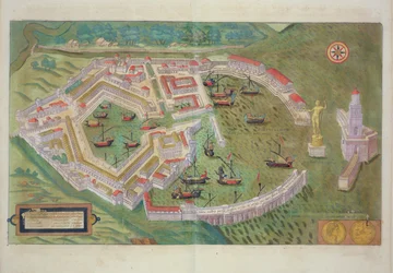Mapa Ostie z knihy "Civitates Orbis Terrarum" od Georga Brauna (1541-1622) a Franse Hogenberga (1535-90), asi 1572-1617.